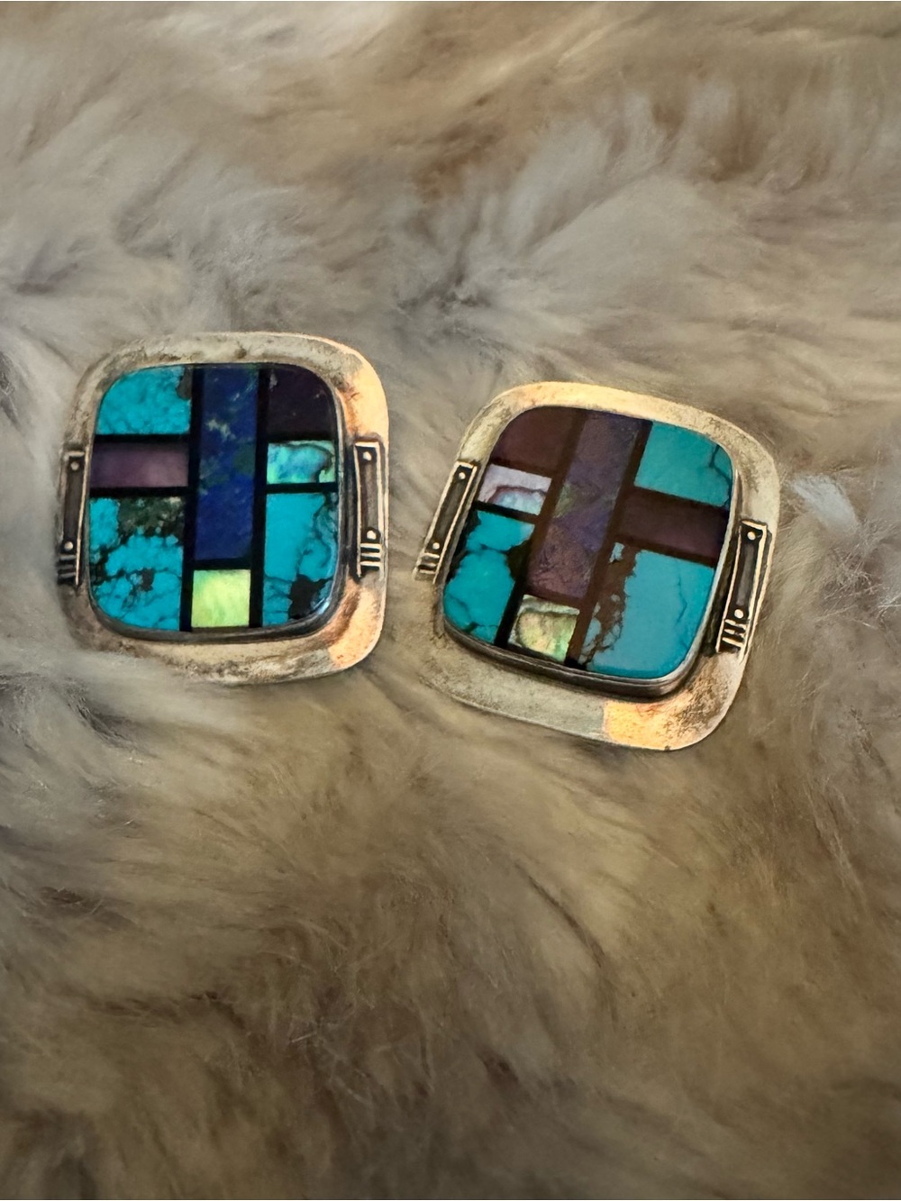 Vintage 1990s Santa Fe Sterling Silver Turquoise Multi-Stone Inlay Earrings